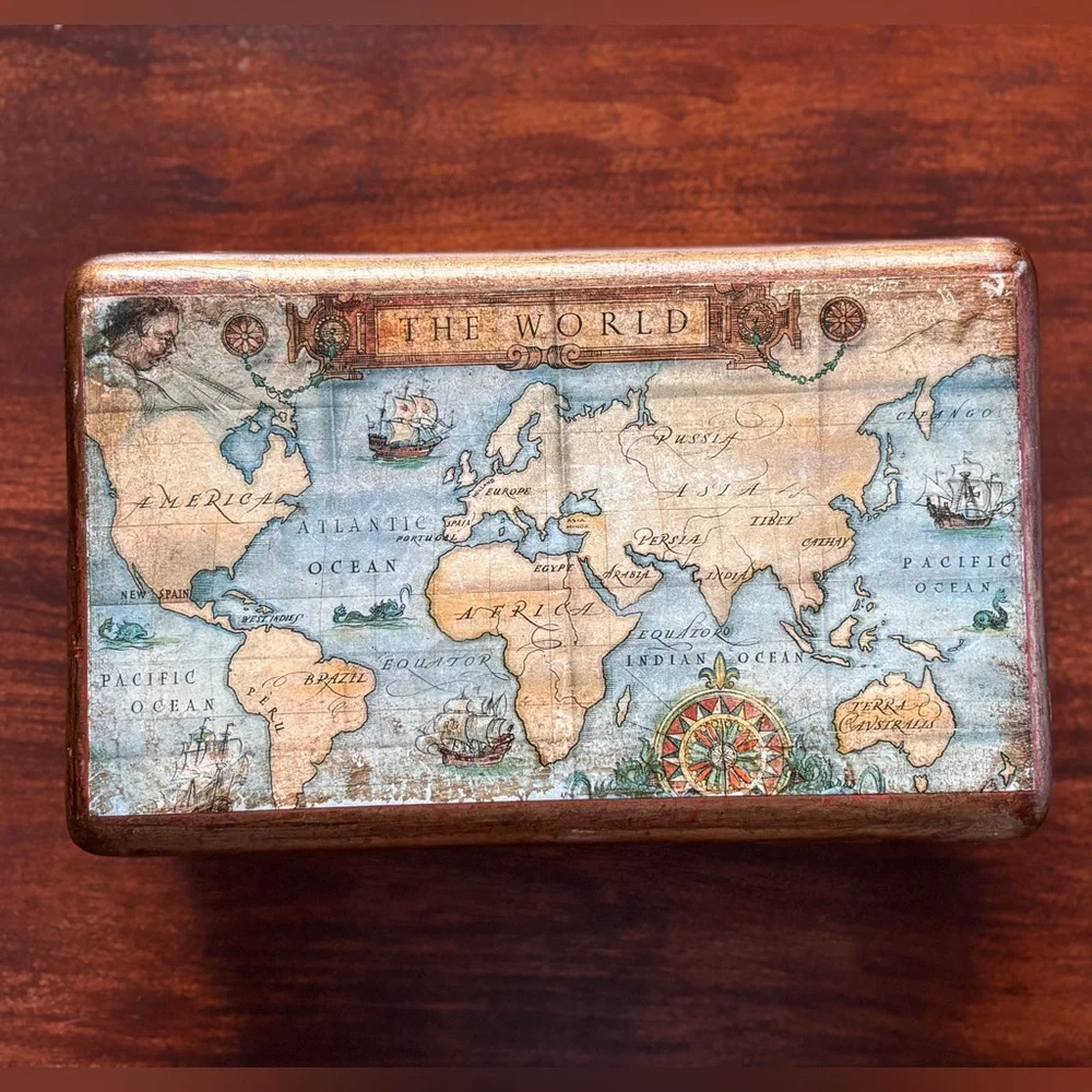 Vintage Old World Map Box Jewelry Trinkets Made in Italy Ceramic
